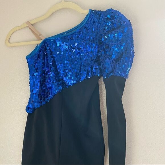 WEISSMAN Balera Dance Costume blue sequin one puff sleeve large child LC - Picture 6 of 13